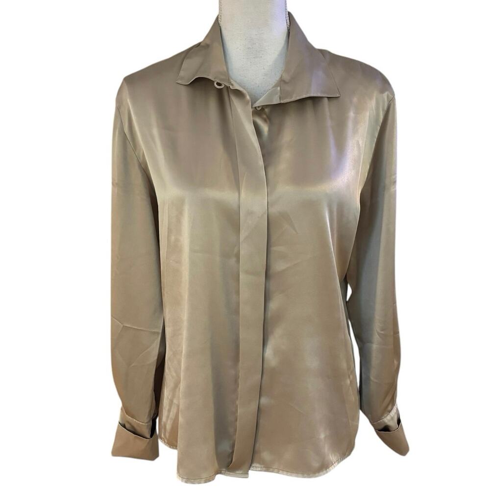 🌻 2/$20 Vintage JH Collectibles 6 Beige Satin Blouse Top Long Sleeve Office FLAW